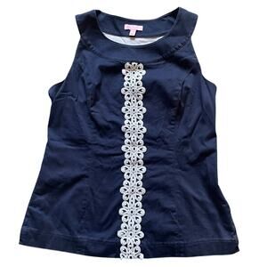 Lily Pulitzer Navy Sleeveless White Center Lace Trim Size 10 Feminine Cotton